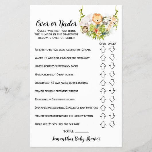 ジャングル動物のベビーシャワーゲームカードの上または下 チラシ (正面)