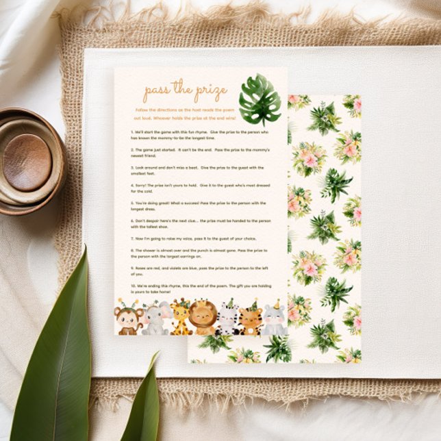 ジャングル動物のベビーシャワーパーティーゲーム - 賞品を回せ (tropical flowers and jungle animals for a safari baby shower pass the prize game)