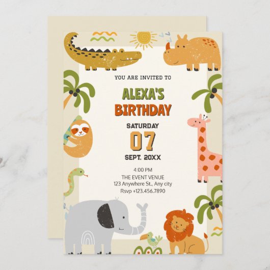 ジャングル動物の動物園誕生日 招待状 (正面/裏面)