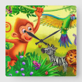 ジャングル動物の子どもの時計 スクエア壁時計 (正面)
