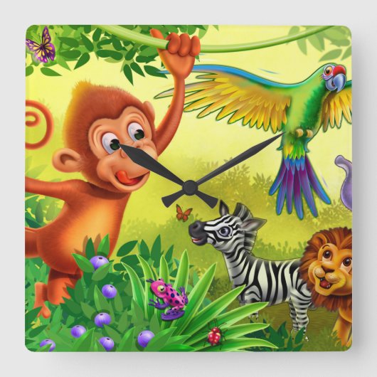 ジャングル動物の子どもの時計 スクエア壁時計 (正面)