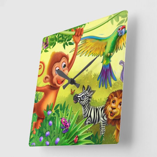 ジャングル動物の子どもの時計 スクエア壁時計 (傾斜)