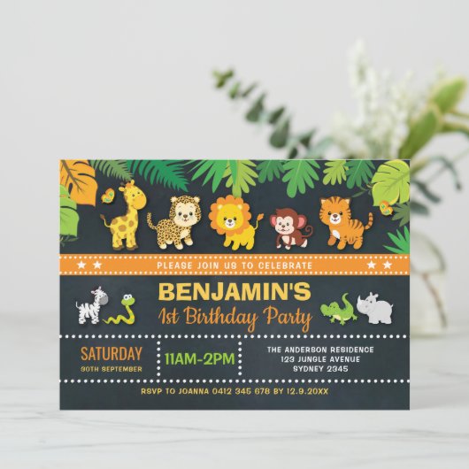 ジャングル動物の男の子のサファリの野生の1つの第1誕生日 招待状 (スタンド正面)