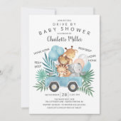 ジャングル動物の男の子の赤ちゃんシャワーでドライブ 招待状 (正面)