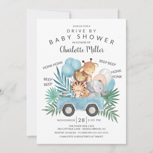 ジャングル動物の男の子の赤ちゃんシャワーでドライブ 招待状 (正面)