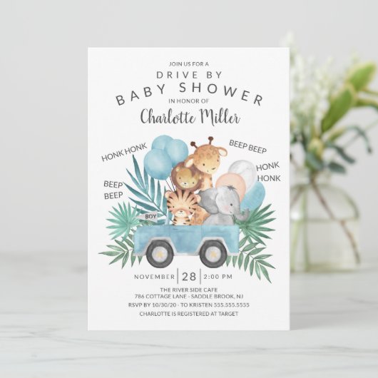 ジャングル動物の男の子の赤ちゃんシャワーでドライブ 招待状 (スタンド正面)