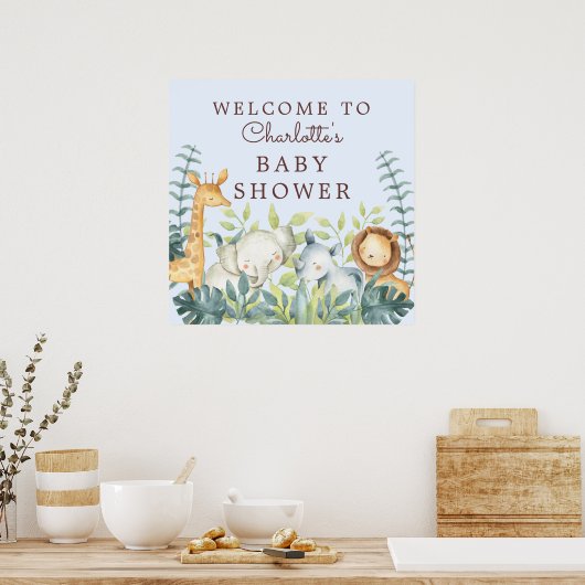 ジャングル動物の男の子の赤ちゃんシャワーへようこそ ポスター (キッチン)