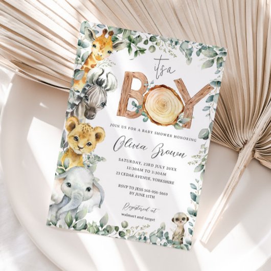 ジャングル動物の緑のサファリボーイ赤ちゃんシャワー 招待状