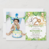 ジャングル動物の緑のサファリ第2の誕生日の写真 招待状 (正面)