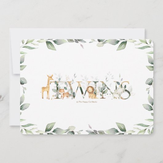 ジャングル動物の緑の双子ニュートラルベビーシャワー 招待状 (裏面)