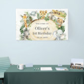 ジャングル動物の緑の地 – 1歳の誕生日の背景 横断幕 (トレードショー)