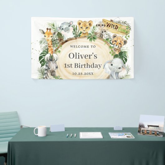 ジャングル動物の緑の地 – 1歳の誕生日の背景 横断幕 (トレードショー)