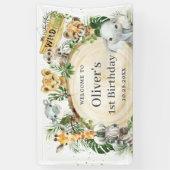 ジャングル動物の緑の地 – 1歳の誕生日の背景 横断幕 (縦)