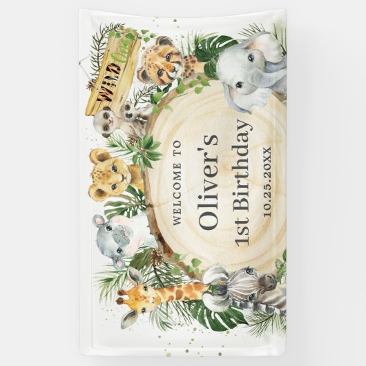 ジャングル動物の緑の地 – 1歳の誕生日の背景 横断幕 (縦)