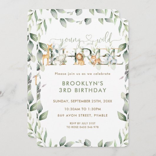 ジャングル動物の緑の若い野生と3 招待状 (正面/裏面)
