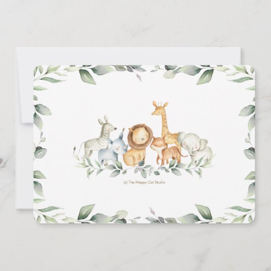 ジャングル動物の緑の誕生日男の子の写真 招待状 (裏面)
