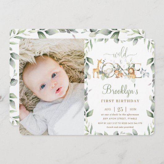 ジャングル動物の緑1st誕生日の男の子の子の写真 招待状 (正面/裏面)