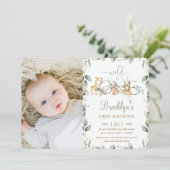 ジャングル動物の緑1st誕生日の男の子の子の写真 招待状 (スタンド正面)