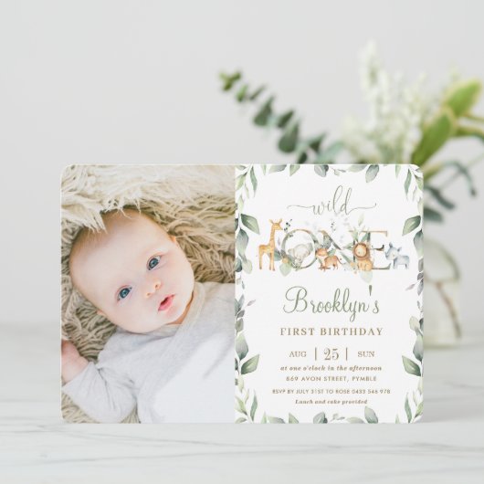 ジャングル動物の緑1st誕生日の男の子の子の写真 招待状 (スタンド正面)