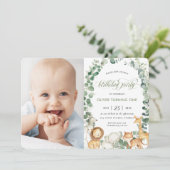 ジャングル動物の緑1st誕生日パーティー写真 招待状 (スタンド正面)