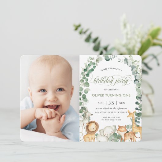 ジャングル動物の緑1st誕生日パーティー写真 招待状 (スタンド正面)