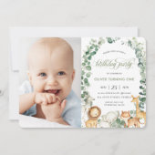 ジャングル動物の緑1st誕生日パーティー写真 招待状 (正面)