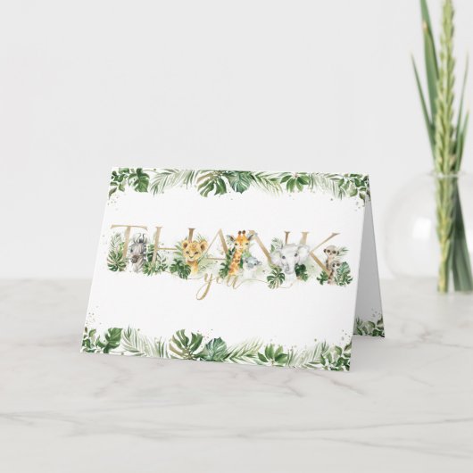 ジャングル動物の緑1st誕生日ベビーシャワー サンキューカード (正面)