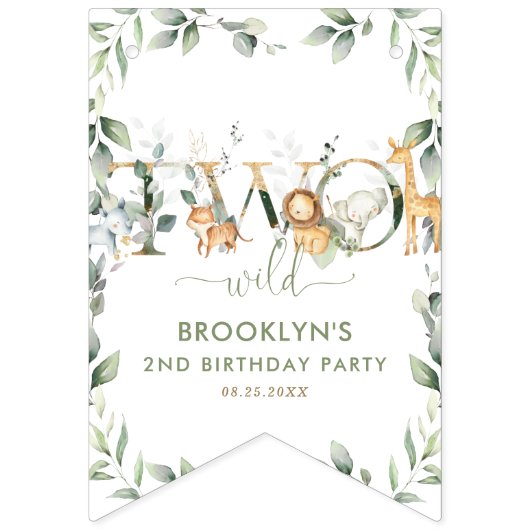 ジャングル動物の緑2つの野生の2番目の誕生日 バンティングフラッグ (第1の旗)