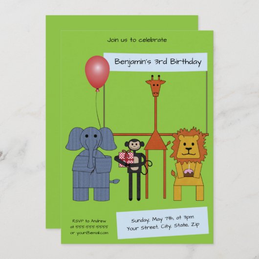 ジャングル動物の誕生日パーティーへの招待 – |いいえ。2| 招待状 (正面/裏面)