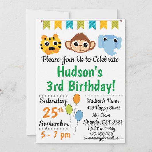 ジャングル動物の誕生日招待状 招待状 (正面)