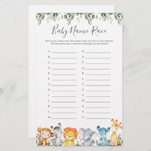 ジャングル動物の赤ちゃんシャワー名レースゲーム (正面/裏面)