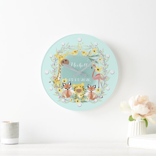 ジャングル動物の赤ちゃんシャワー男の子または女の子。 ラージ壁時計 (ホーム)