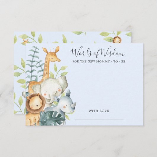 ジャングル動物の赤ちゃんシャワー知恵カードの単語 招待状 (正面/裏面)