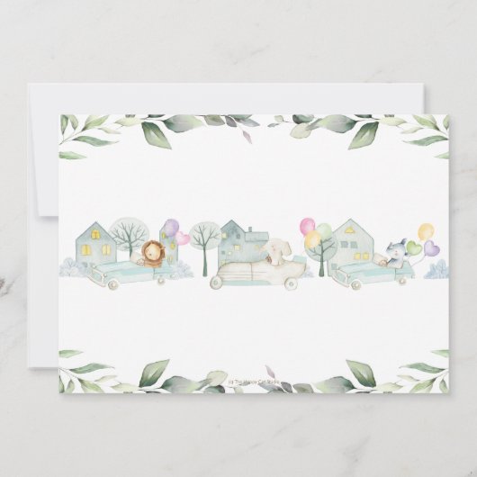ジャングル動物の車，ベビーシャワーで緑を追う 招待状 (裏面)
