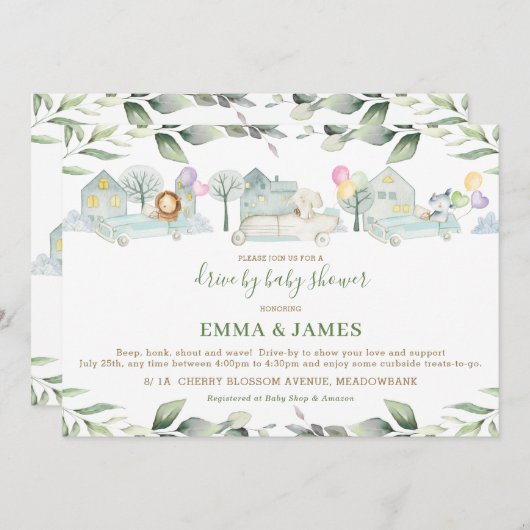 ジャングル動物の車,ベビーシャワーで緑を追う 招待状 (正面/裏面)
