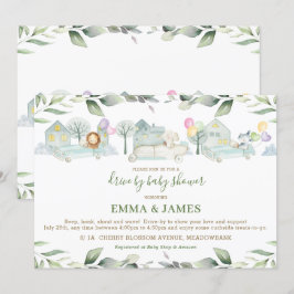 ジャングル動物の車，ベビーシャワーで緑を追う 招待状