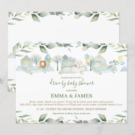 ジャングル動物の車，ベビーシャワーで緑を追う 招待状