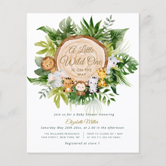 ジャングル動物の野生のワン赤ちゃんシャワーの招待状 (正面)