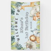 ジャングル動物の青い男の子の1歳の誕生日のお祝いのサイン 横断幕 (縦)