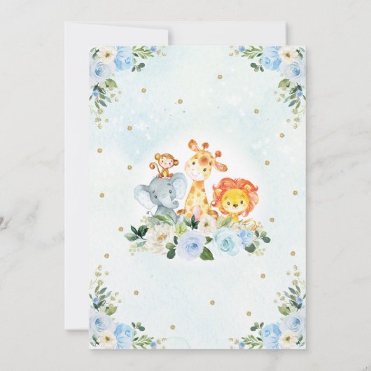 ジャングル動物の青い金ゴールドの花のサファリのベビーシャワー 招待状 (裏面)