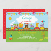 ジャングル動物を1歳の誕生日のサファリ·ワイルド·ワイン 招待状 (正面/裏面)