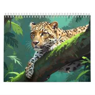 ジャングル動物アートに登場するリアルなヒョウ カレンダー