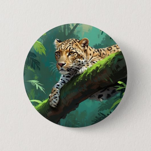 ジャングル動物アートに登場するリアルなヒョウ 缶バッジ (正面)
