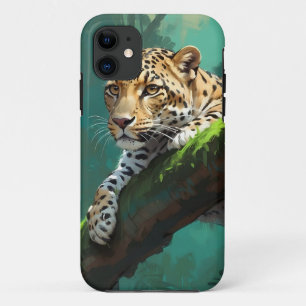 ジャングル動物アートに登場するリアルなヒョウ iPhone 11 ケース