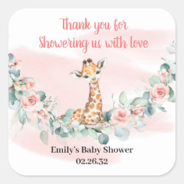 ジャングル動物キリンeucalyptusピンクの花ベビー スクエアシール