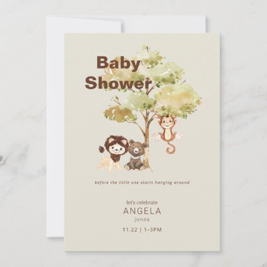 ジャングル動物クリームボーイベビーシャワー 招待状 (正面)