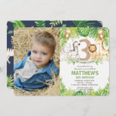 ジャングル動物グリーンリーサファリの誕生日の写真 招待状 (正面/裏面)