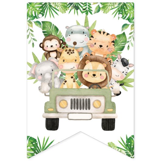 ジャングル動物サファリの誕生日写真の節目 バンティングフラッグ (第1の旗)