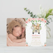 ジャングル動物サファリカーフローラ誕生日写真 招待状 (スタンド正面)