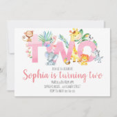 ジャングル動物サファリピンクの2歳の誕生日の少女がかわいい 招待状 (正面)